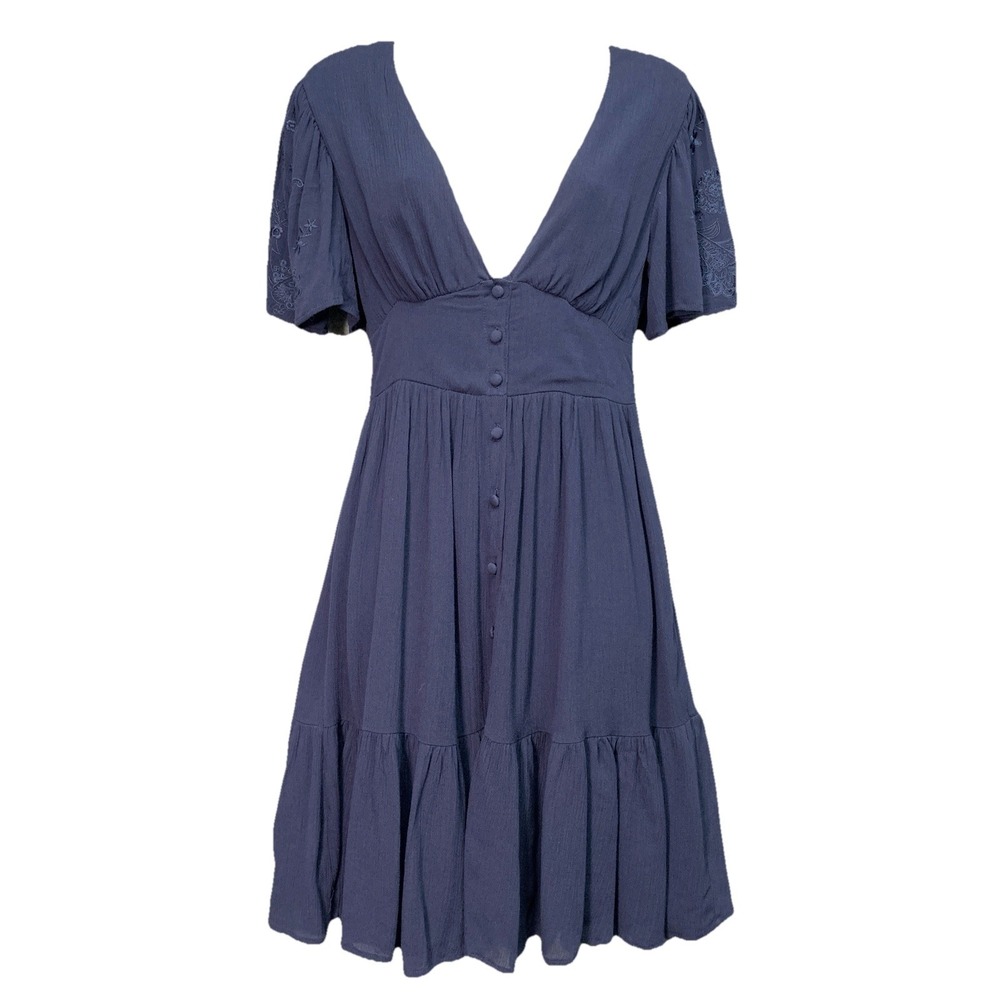 Francescas Womens Babydoll Dress Size XS Navy Embroidered Prairie Dark Cottage